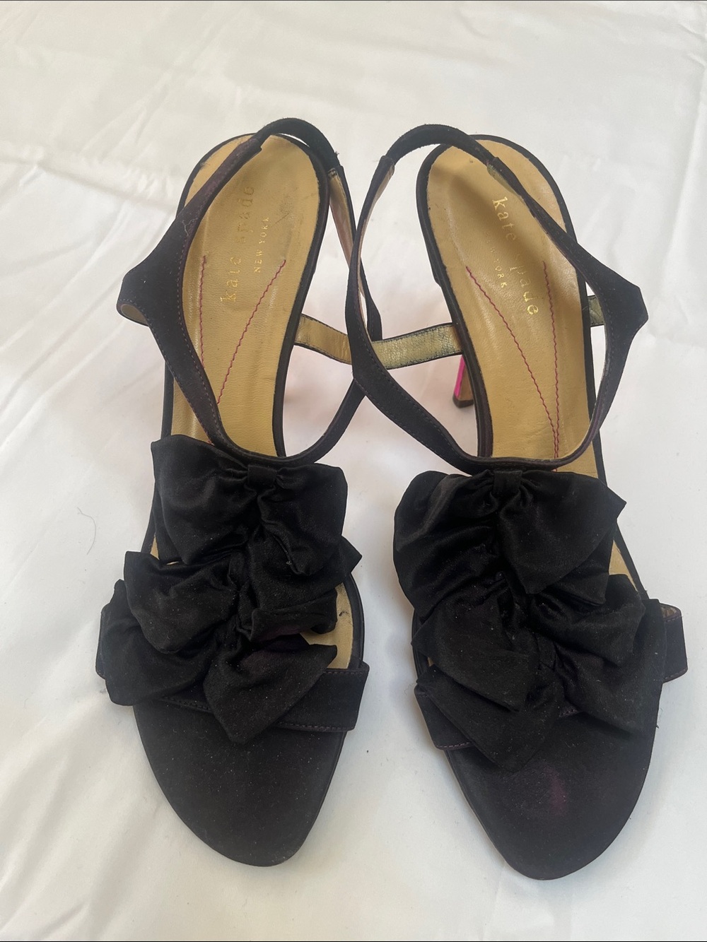 Kate Spade New York Dyed Black Satin Bow Heels Pink 3.75” | 8.5 B Italy